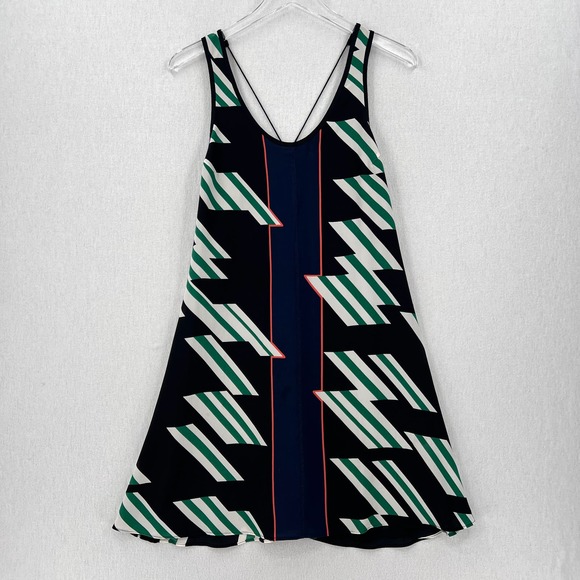 DEREK LAM 10 CROSBY Dress Womens 0 Black Green Geometric Print Silk Strappy Mini - Picture 4 of 16